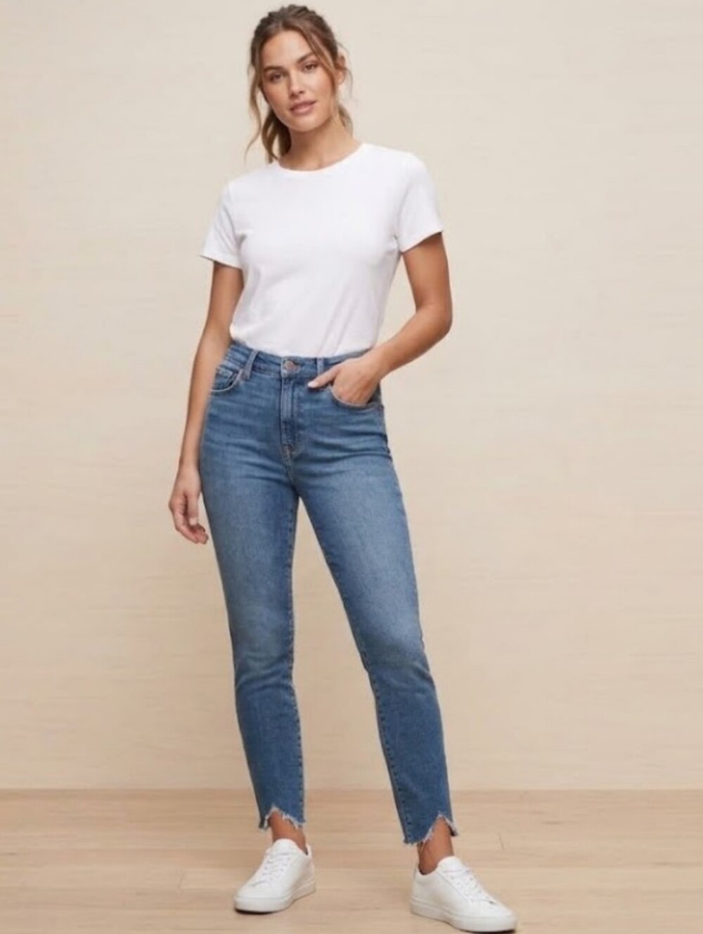 Good American Good Legs High Rise Skinny Jeans Raw V-Notch Hem Blue, 10 / 30